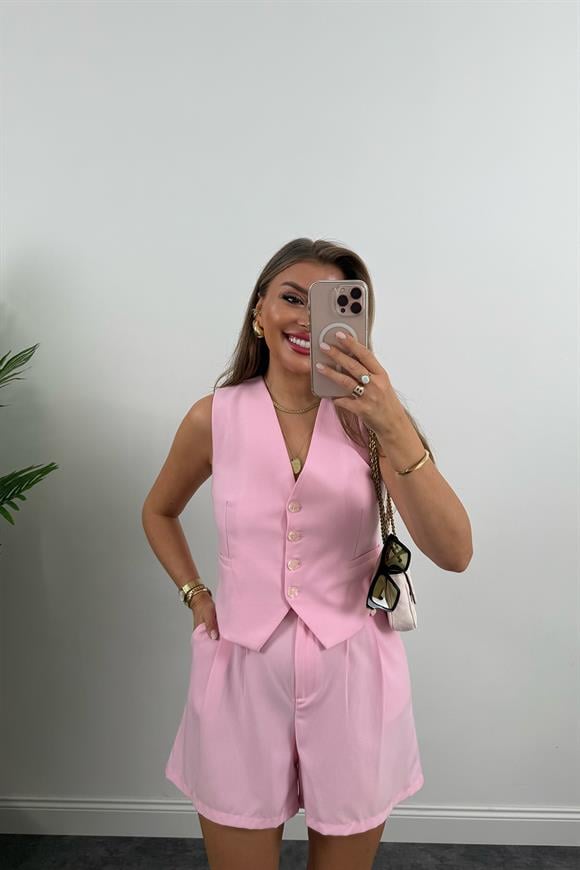 Premium Seri Yelek Şort Poliviskon Kumaş Takım Pastel Pembe