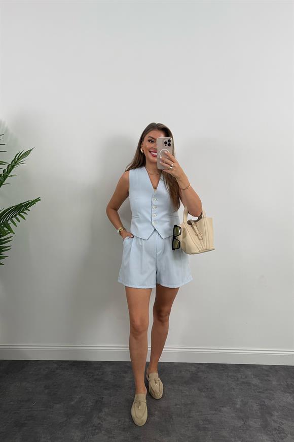 Premium Seri Yelek Şort Poliviskon Kumaş Takım Pastel Mavi