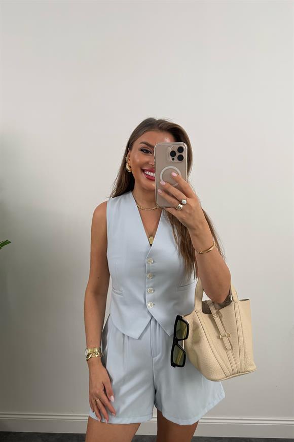 Premium Seri Yelek Şort Poliviskon Kumaş Takım Pastel Mavi