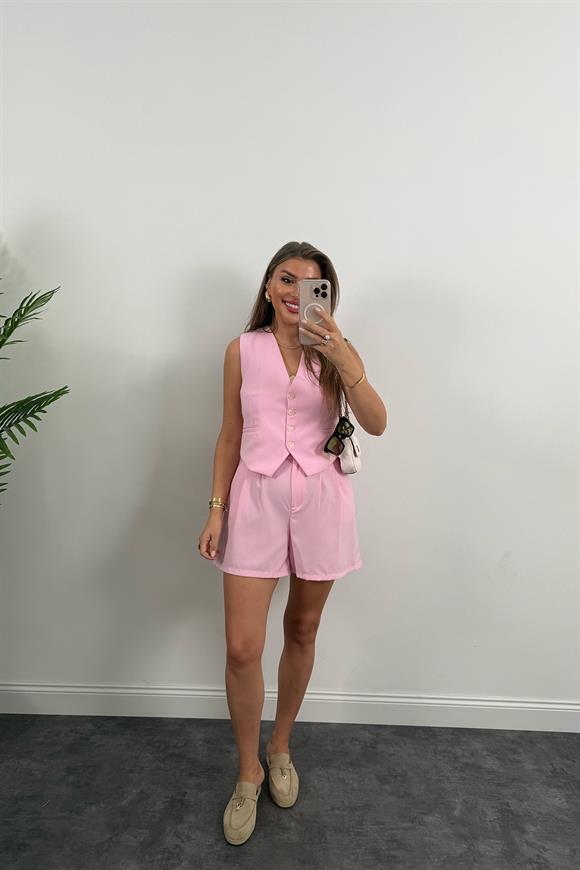 Premium Seri Yelek Şort Poliviskon Kumaş Takım Pastel Pembe
