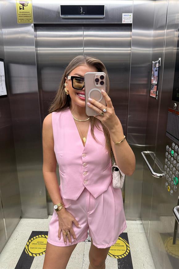 Premium Seri Yelek Şort Poliviskon Kumaş Takım Pastel Pembe