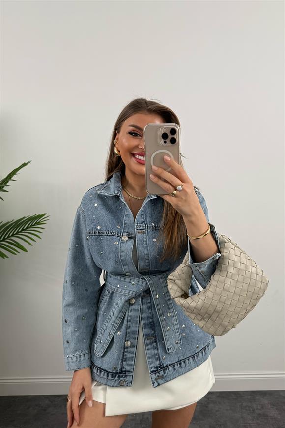 Premium Seri Zımbalı Kuşaklı Tasarım Jean Ceket Mavi