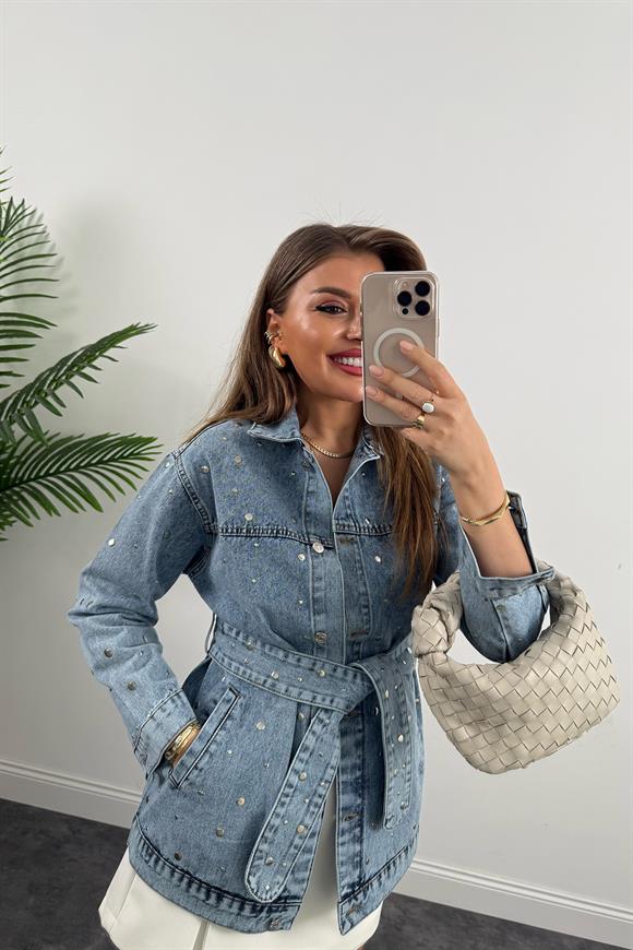 Premium Seri Zımbalı Kuşaklı Tasarım Jean Ceket Mavi