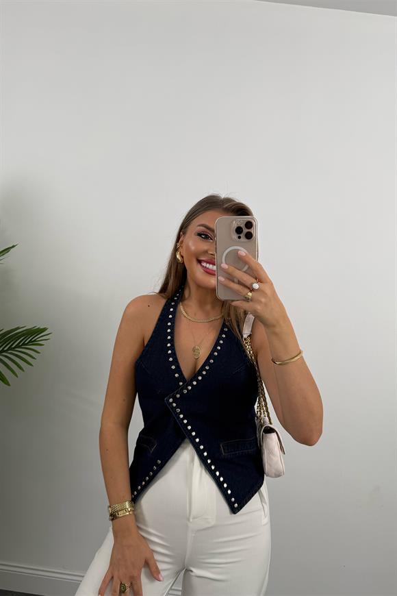 Premium Seri Zımbalı Tasarım Jean Yelek
