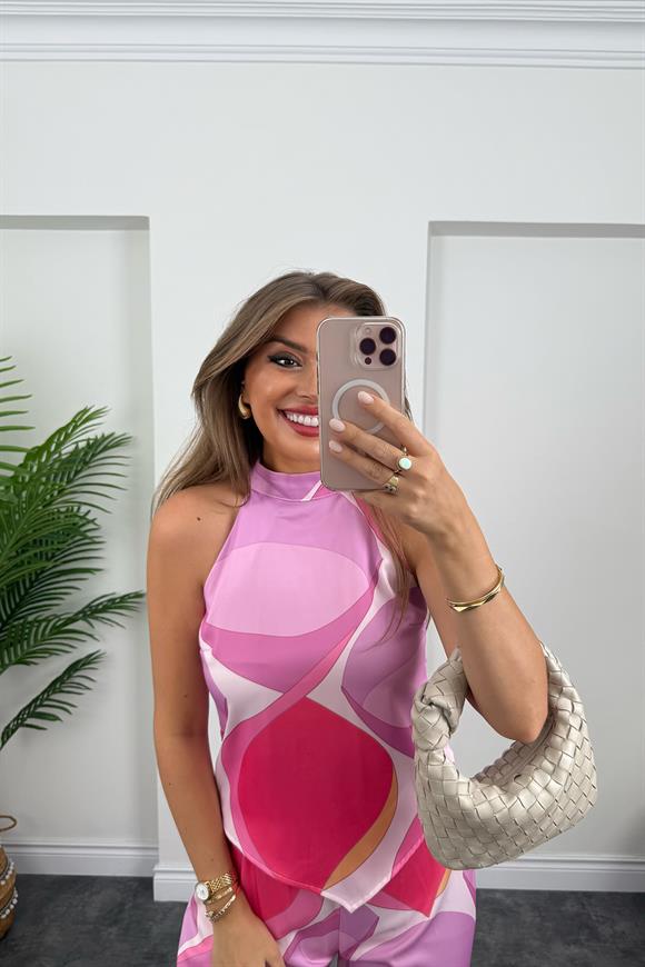 Pucci Desen Lüx Kalite Palazzo Bluz Takım Pembe