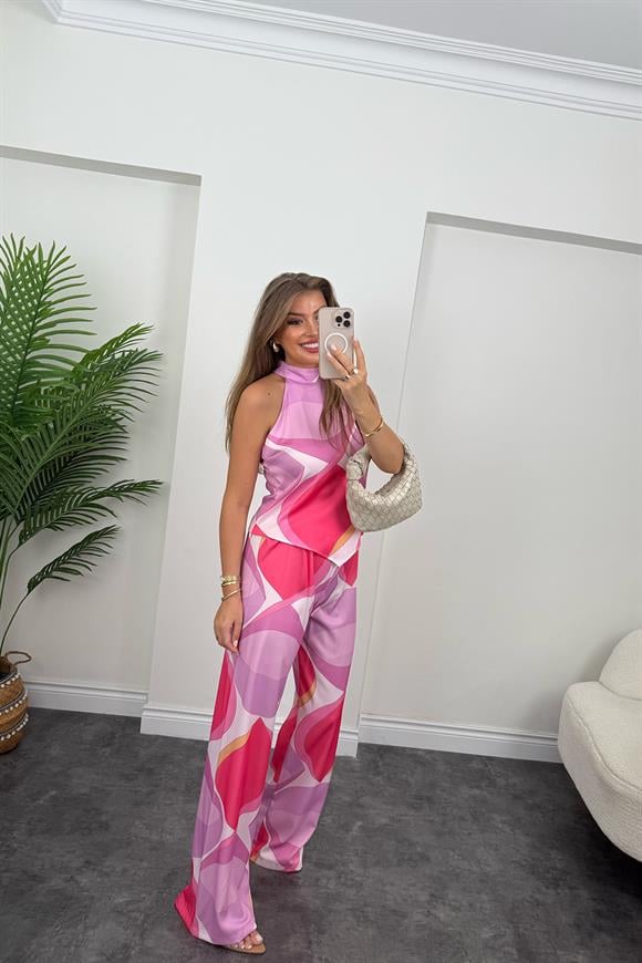 Pucci Desen Lüx Kalite Palazzo Bluz Takım Pembe