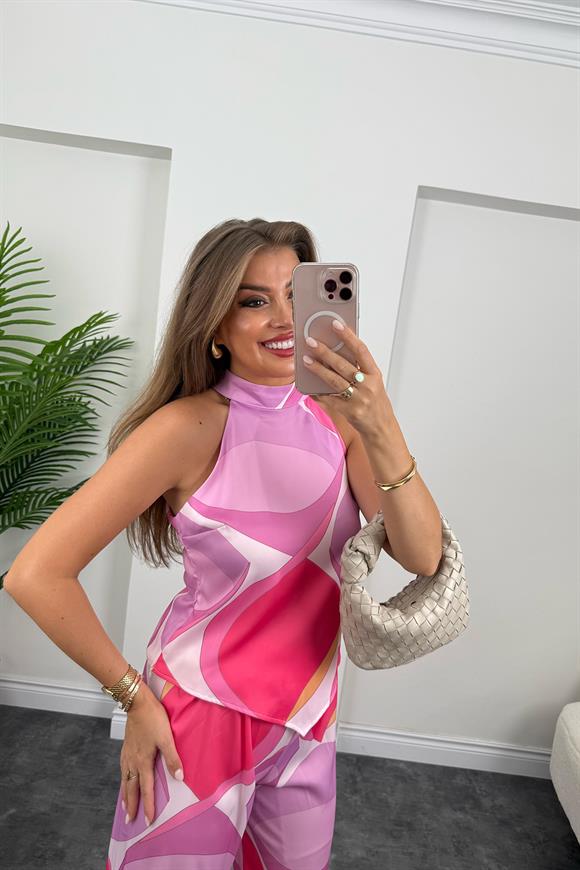 Pucci Desen Lüx Kalite Palazzo Bluz Takım Pembe