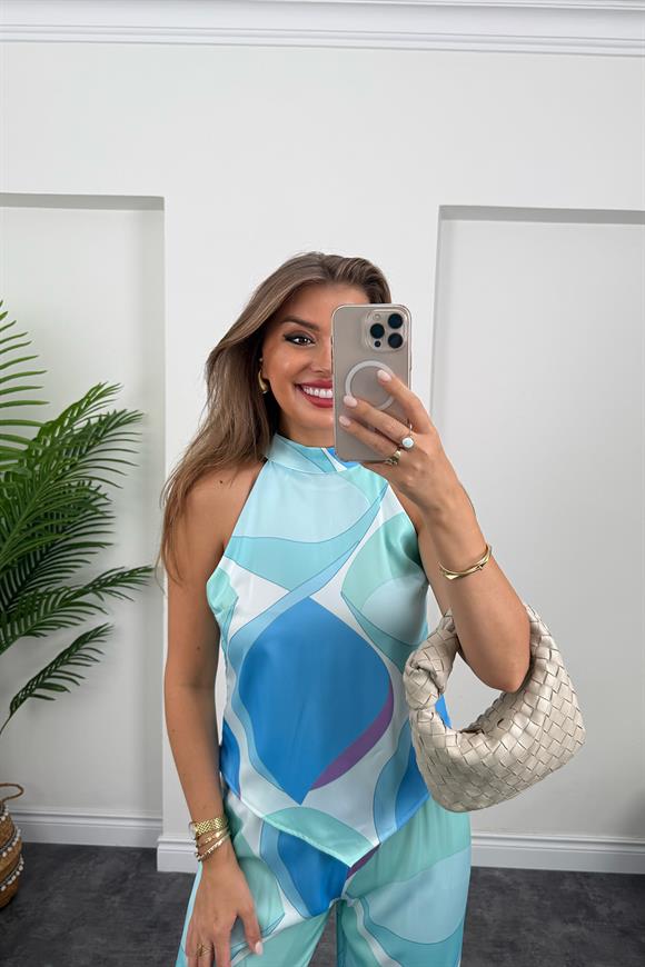 Pucci Desen Lüx Kalite Palazzo Bluz Takım Mavi