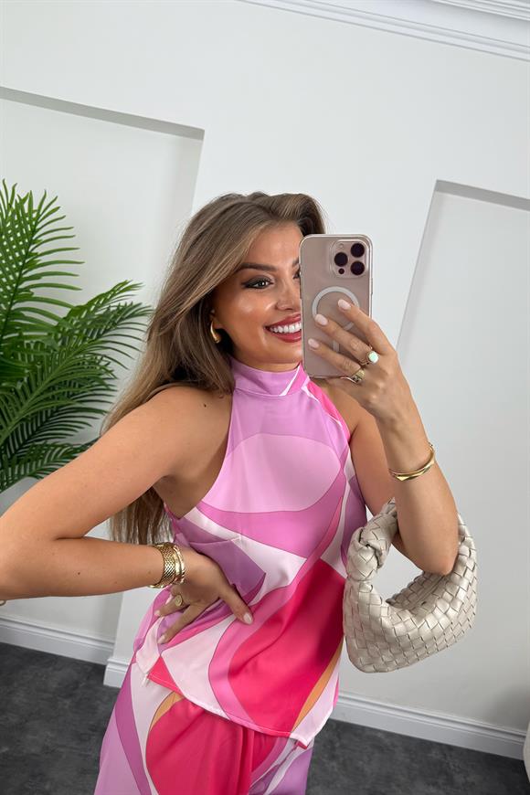 Pucci Desen Lüx Kalite Palazzo Bluz Takım Pembe