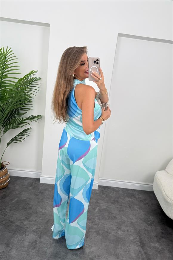 Pucci Desen Lüx Kalite Palazzo Bluz Takım Mavi