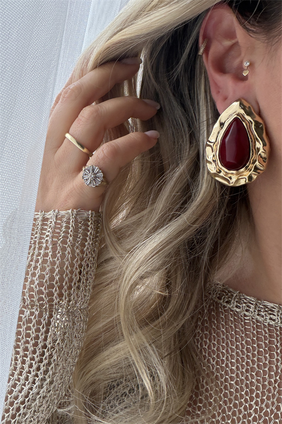 Reçine Detay Gold Damla Küpe (Bordo)