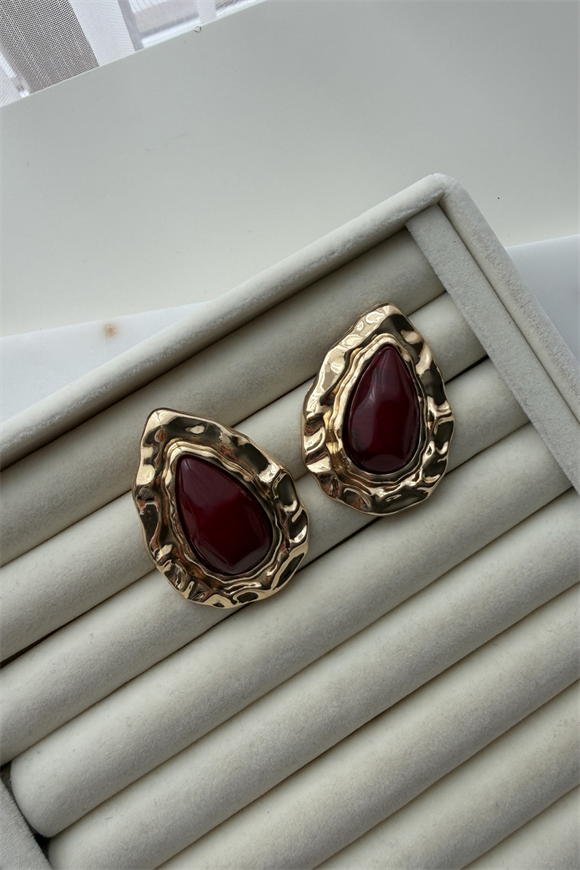 Reçine Detay Gold Damla Küpe (Bordo)