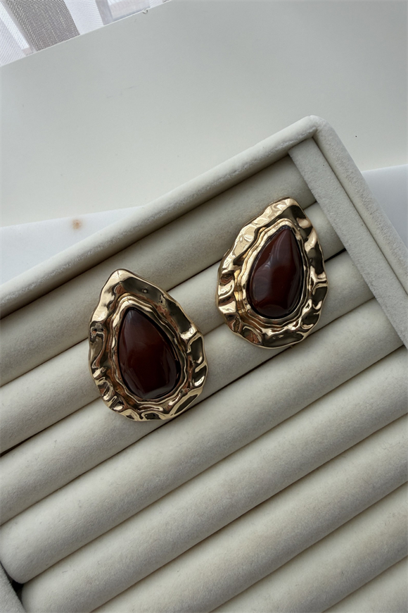 Reçine Detay Gold Damla Küpe(Kahve)
