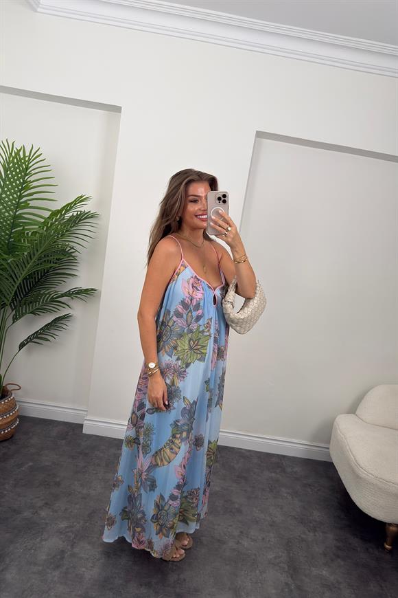 Rüya Serisi Maxi Salaş Şifon Elbise Mavi Desenli