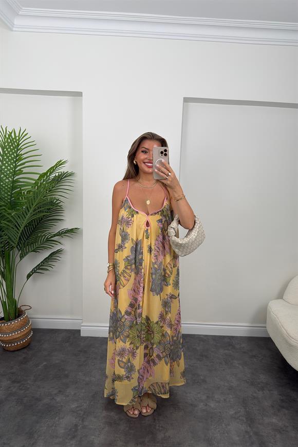 Rüya Serisi Maxi Salaş Şifon Elbise Sarı Desenli