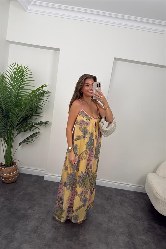 Rüya Serisi Maxi Salaş Şifon Elbise Sarı Desenli