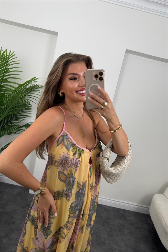 Rüya Serisi Maxi Salaş Şifon Elbise Sarı Desenli