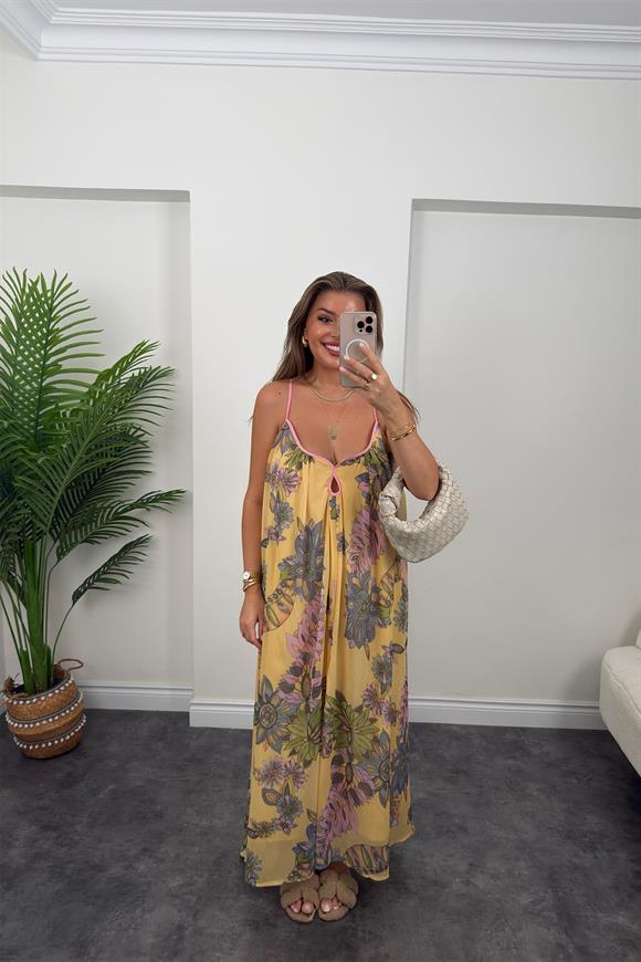 Rüya Serisi Maxi Salaş Şifon Elbise Sarı Desenli