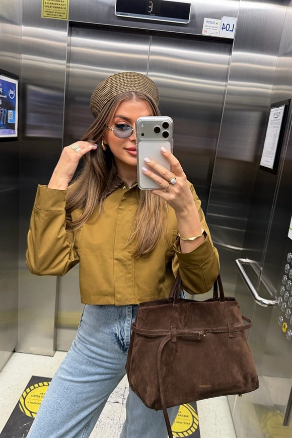 Sandro Pari Model Kadife Yakalı Kısa Trenç Ceket Olive