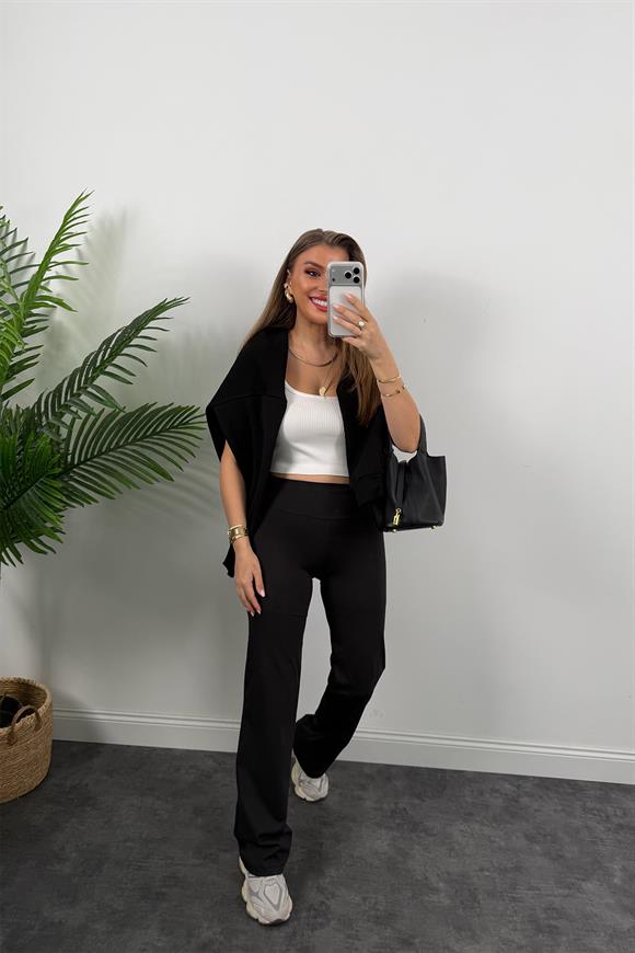 Şardonlu Oysh Model Bol Paça Termal Tayt Siyah