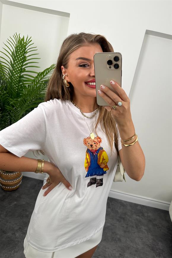 Sarı Ceketli Teddy Ayıcık Tam Pamuklu Lüx Basic Tshirt