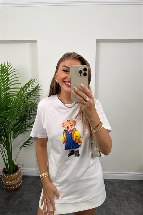 Sarı Ceketli Teddy Ayıcık Tam Pamuklu Lüx Basic Tshirt