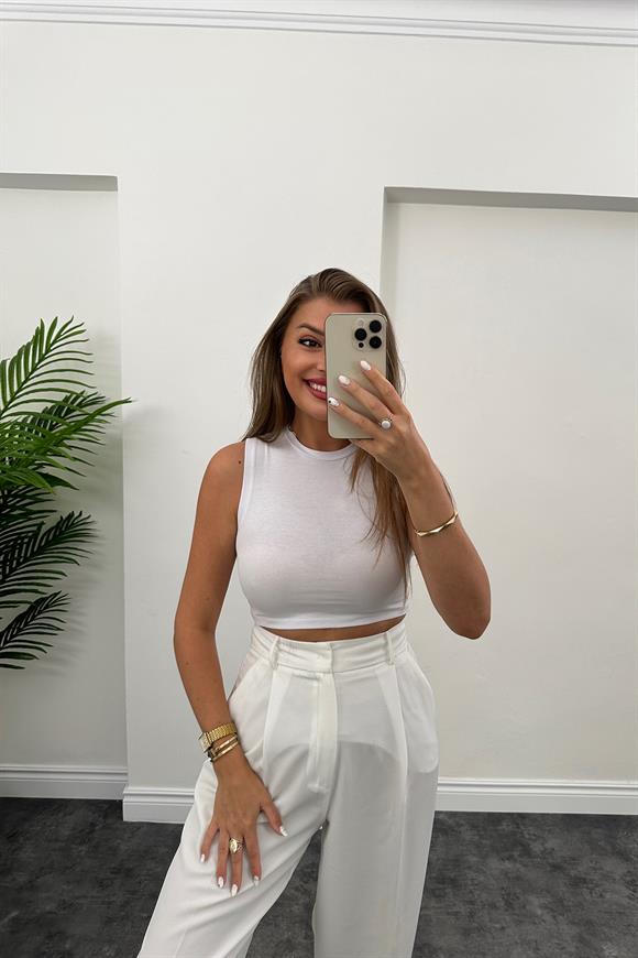 Sıfır Kol Tam Pamuklu Basic Crop Beyaz