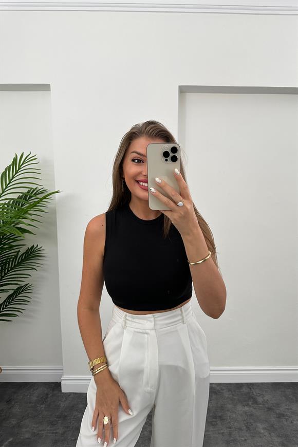 Sıfır Kol Tam Pamuklu Basic Crop Siyah