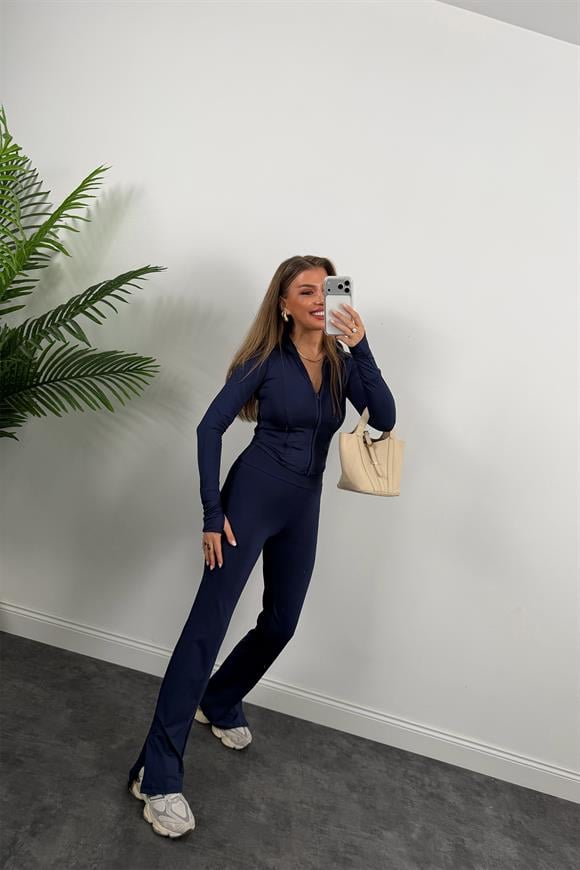 Soft Touch Lüx Kalite Oysh Model Yırtmaçlı Tayt Takım Lacivert