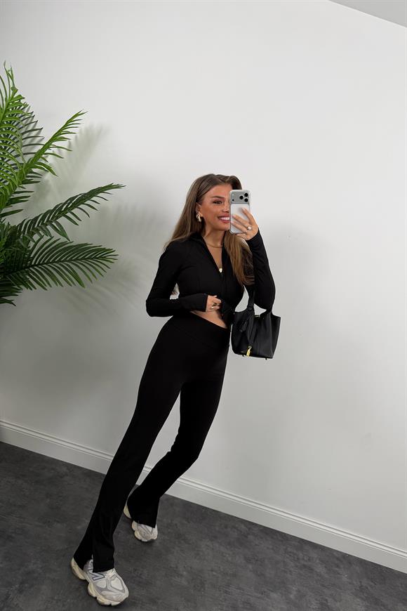 Soft Touch Lüx Kalite Oysh Model Yırtmaçlı Tayt Takım Siyah