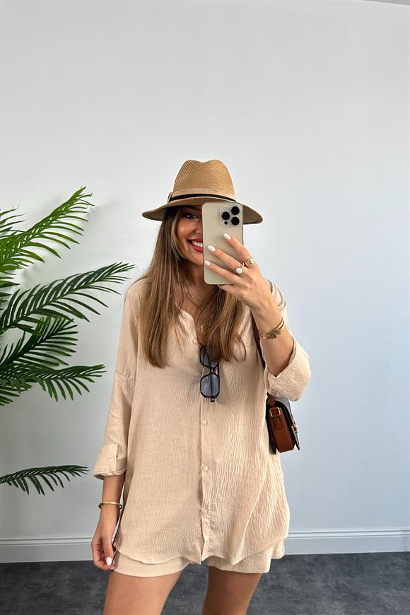 Soft Touch Seri Pamuk Viskon Şort Gömlek Takım Taş