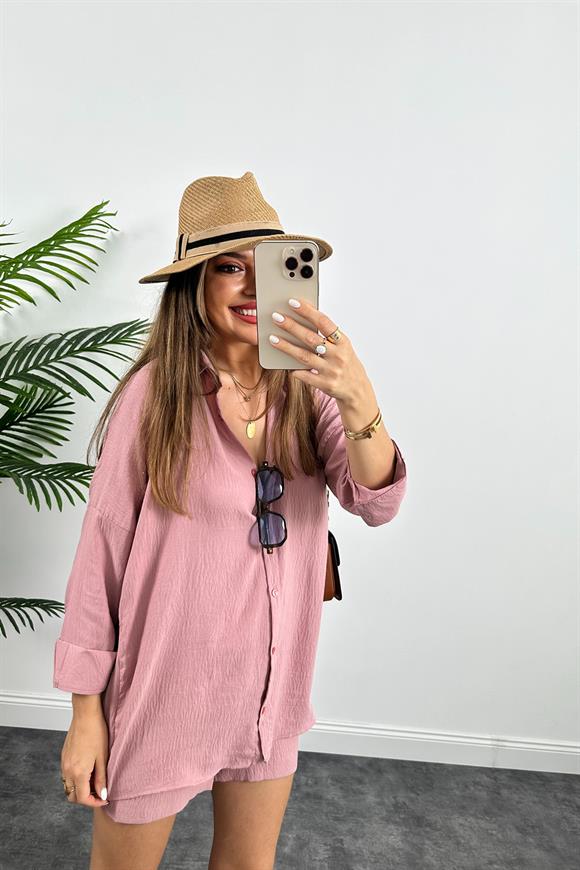 Soft Touch Seri Pamuk Viskon Şort Gömlek Takım Gül Kurusu