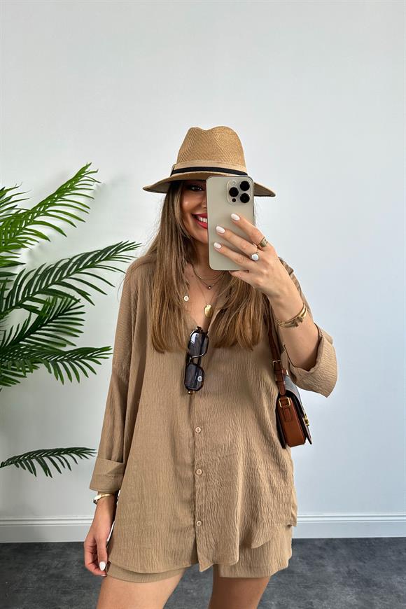 Soft Touch Seri Pamuk Viskon Şort Gömlek Takım Camel