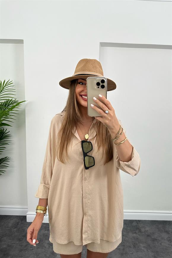 Soft Touch Seri Pamuk Viskon Şort Gömlek Takım Taş