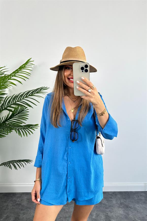 Soft Touch Seri Pamuk Viskon Şort Gömlek Takım Mavi