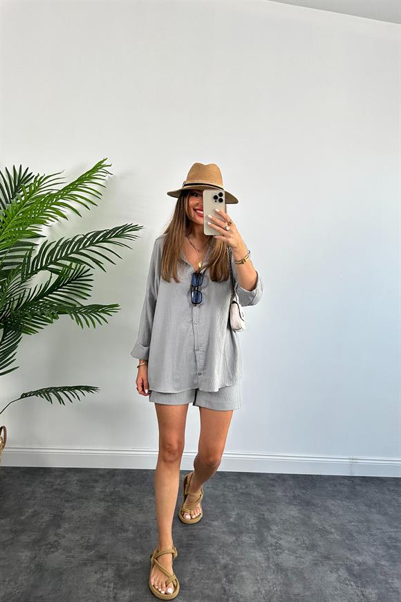 Soft Touch Seri Pamuk Viskon Şort Gömlek Takım Gri