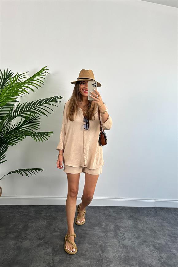 Soft Touch Seri Pamuk Viskon Şort Gömlek Takım Taş