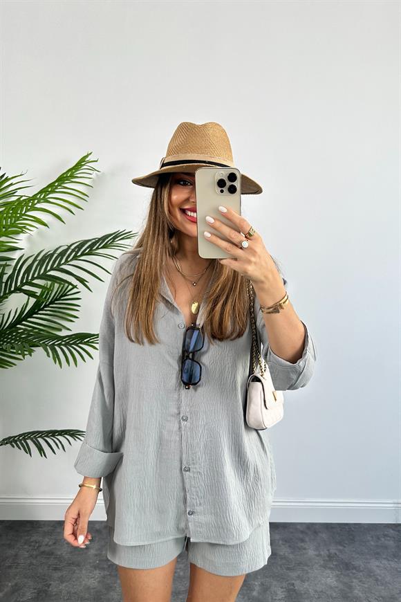 Soft Touch Seri Pamuk Viskon Şort Gömlek Takım Gri