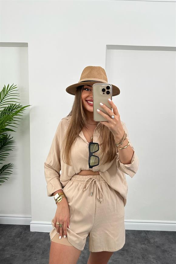 Soft Touch Seri Pamuk Viskon Şort Gömlek Takım Taş