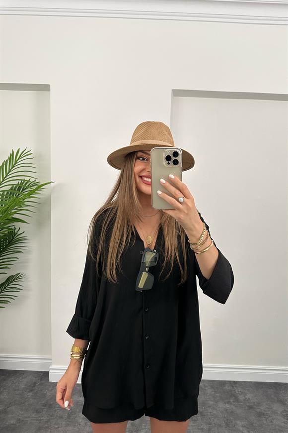 Soft Touch Seri Pamuk Viskon Şort Gömlek Takım Siyah