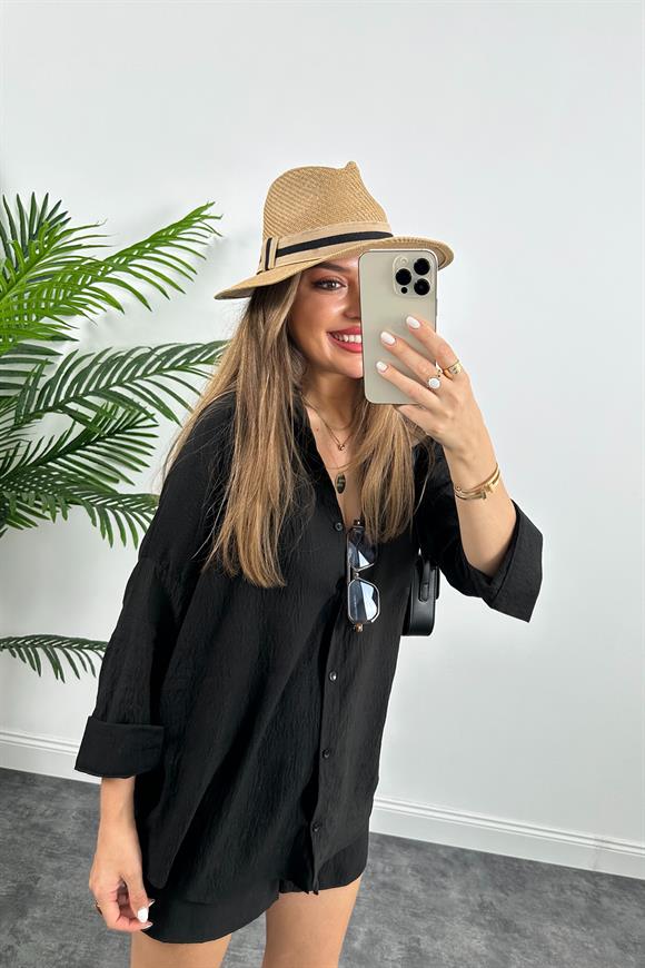 Soft Touch Seri Pamuk Viskon Şort Gömlek Takım Siyah