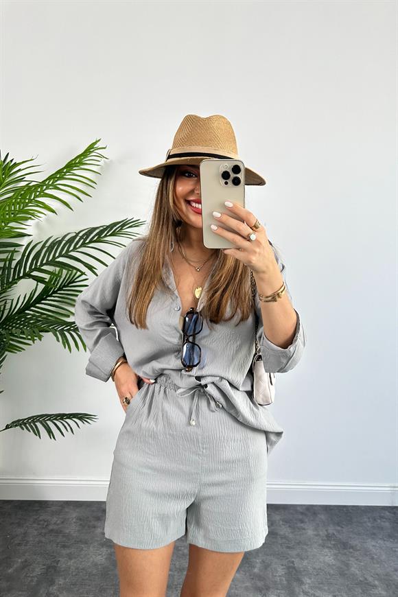 Soft Touch Seri Pamuk Viskon Şort Gömlek Takım Gri