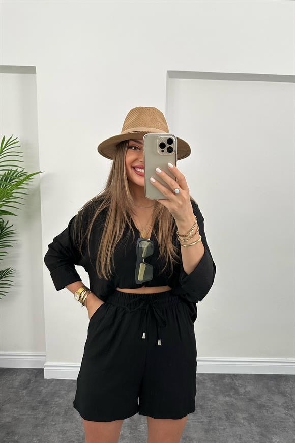 Soft Touch Seri Pamuk Viskon Şort Gömlek Takım Siyah