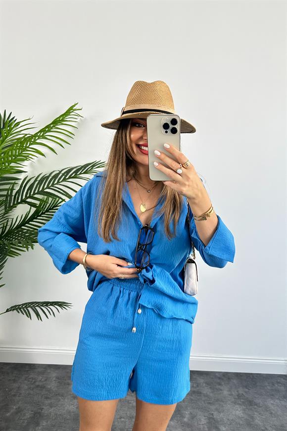 Soft Touch Seri Pamuk Viskon Şort Gömlek Takım Mavi