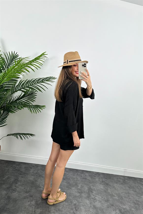 Soft Touch Seri Pamuk Viskon Şort Gömlek Takım Siyah