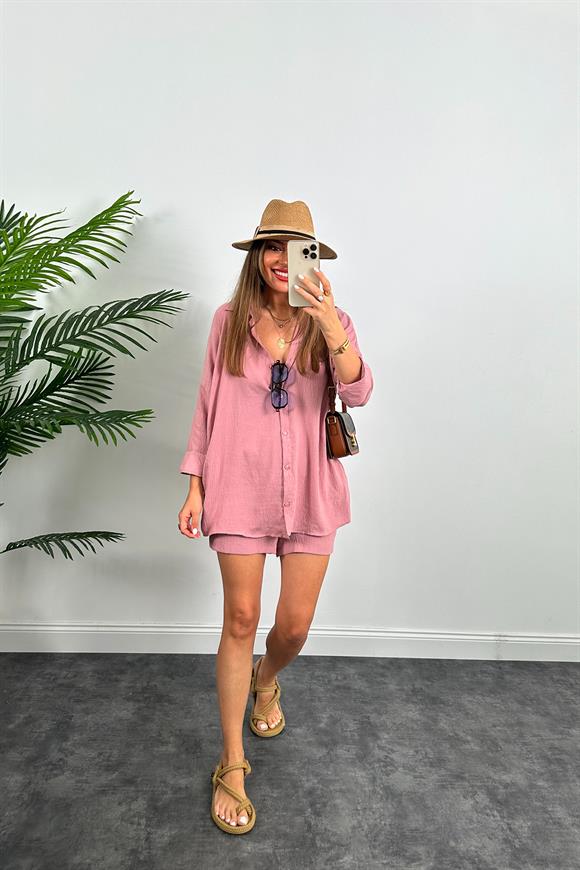 Soft Touch Seri Pamuk Viskon Şort Gömlek Takım Gül Kurusu