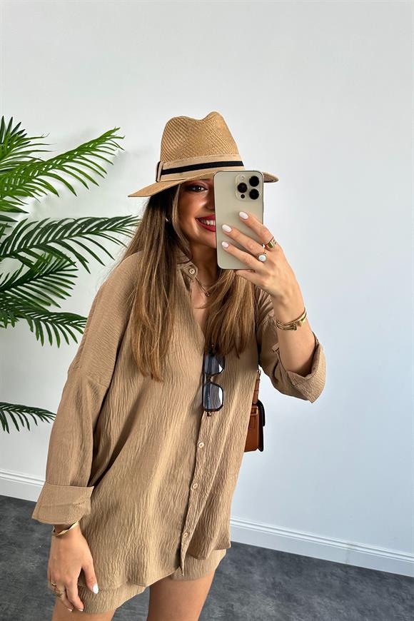 Soft Touch Seri Pamuk Viskon Şort Gömlek Takım Camel