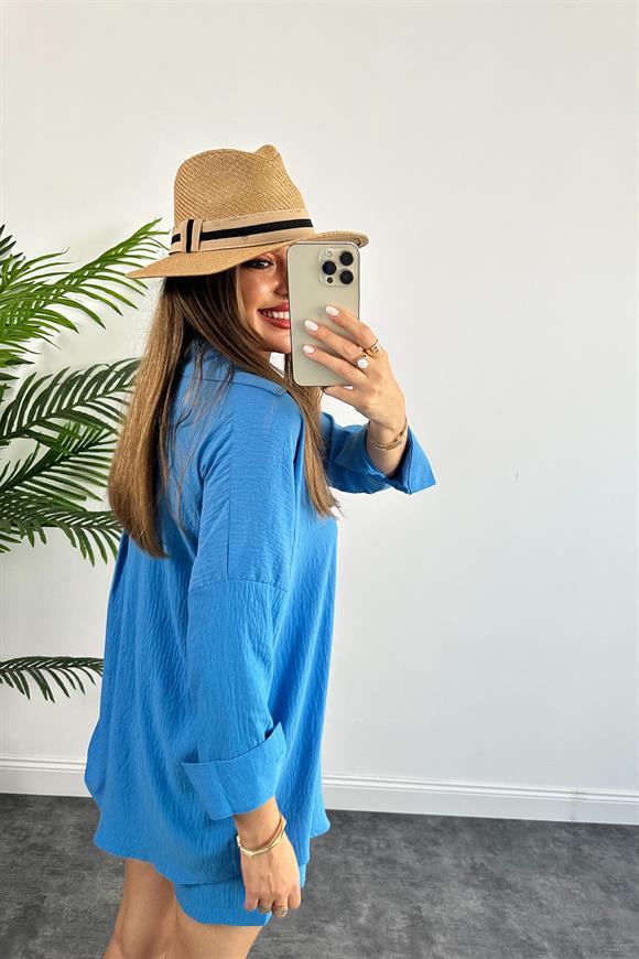 Soft Touch Seri Pamuk Viskon Şort Gömlek Takım Mavi