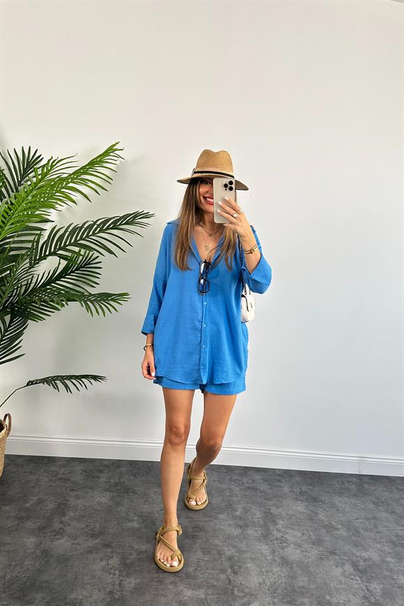 Soft Touch Seri Pamuk Viskon Şort Gömlek Takım Mavi