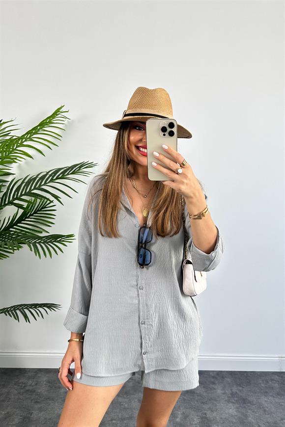 Soft Touch Seri Pamuk Viskon Şort Gömlek Takım Gri